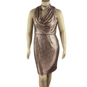 Cachet Metallic Rose Gold Cowl Neck Sheath Dress Size 14